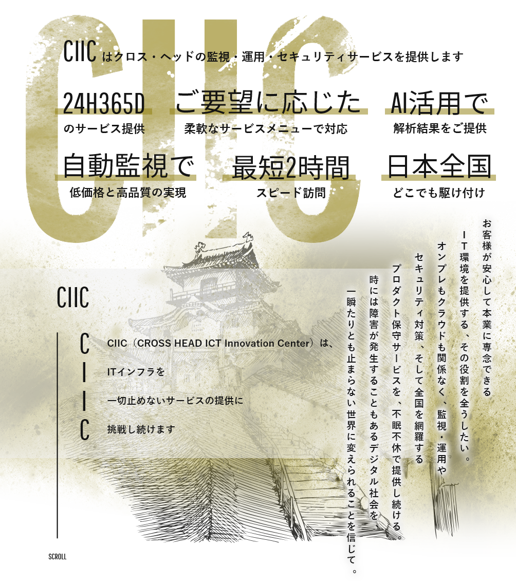 CIIC は、クロス・ヘッドの監視・運用・セキュリティサービスを24H365D 提供するセンターです